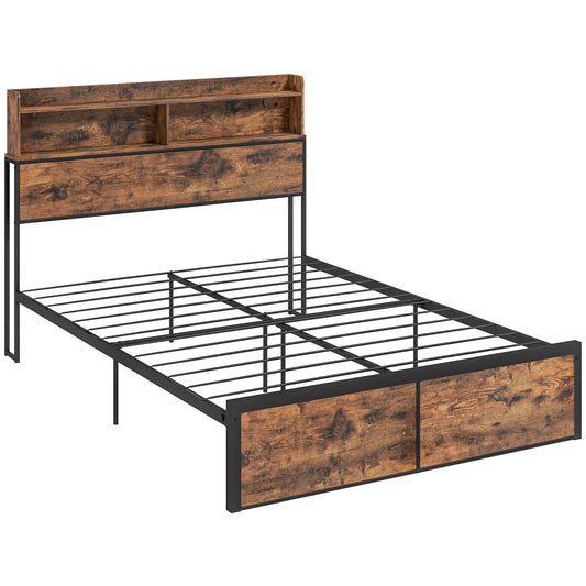 Industrial Double Bed Frame with Storage Headboard & Under-Bed Space – Robust Steel Base, 4.8 ft Double Bed, Rustic Brown