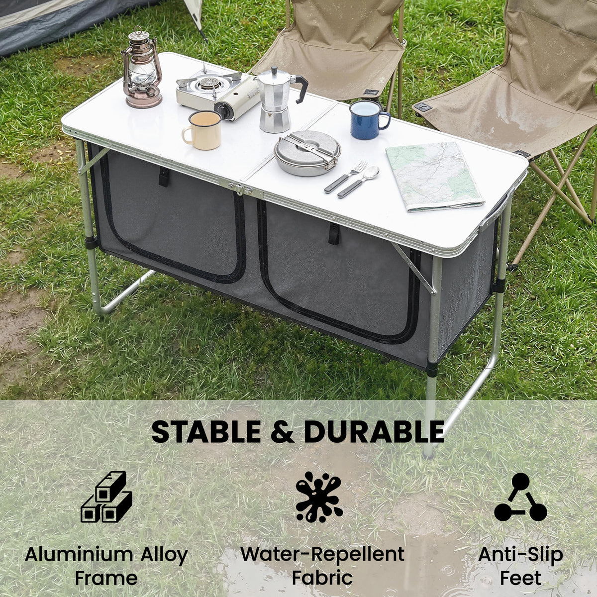 Camping Cupboards Folding Portable Aluminium Camp Cook Station with Storage Cupboard for Outdoor BBQ