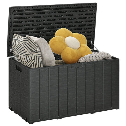 336 Litre Garden Storage Box, Water-resistant Heavy Duty Double Wall Plastic Container, Extra Large Outdoor Garden Furniture Organizer, Deck Cushion Chest with Wheels and Handles, Black