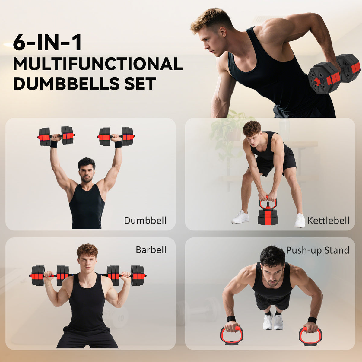6-in-1 Adjustable Weight Dumbbells Set, Used as Kettlebell, Barbell, Dumbbell, Push-Up Stand, 30kg Free Weights Set for Men and Women Home Gym Training, Red