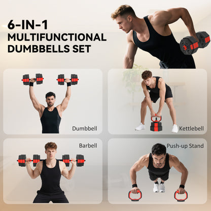 6-in-1 Adjustable Weight Dumbbells Set, Used as Kettlebell, Barbell, Dumbbell, Push-Up Stand, 30kg Free Weights Set for Men and Women Home Gym Training, Red