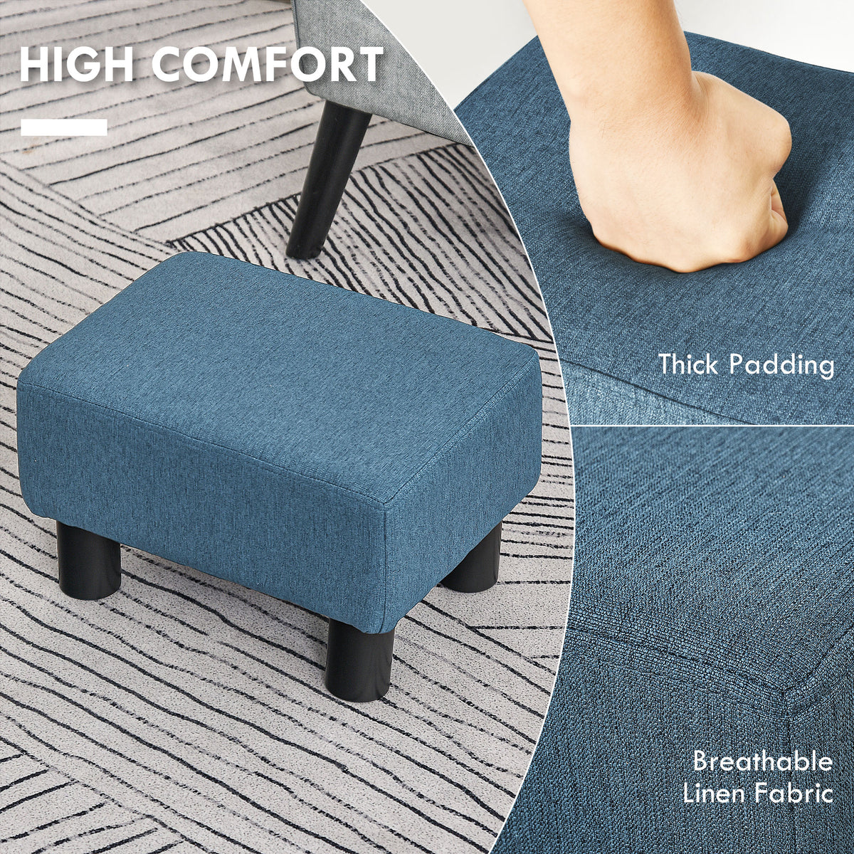 Linen Fabric Footstool Ottoman Cube with 4 Plastic Legs, Blue