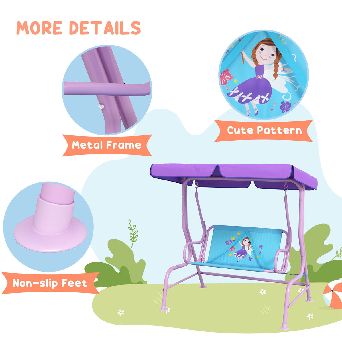 Two Seater Kids Garden Swing, Fairy Themed kids Swing Chair with Adjustable Canopy, Safety Belts for Outdoor Use