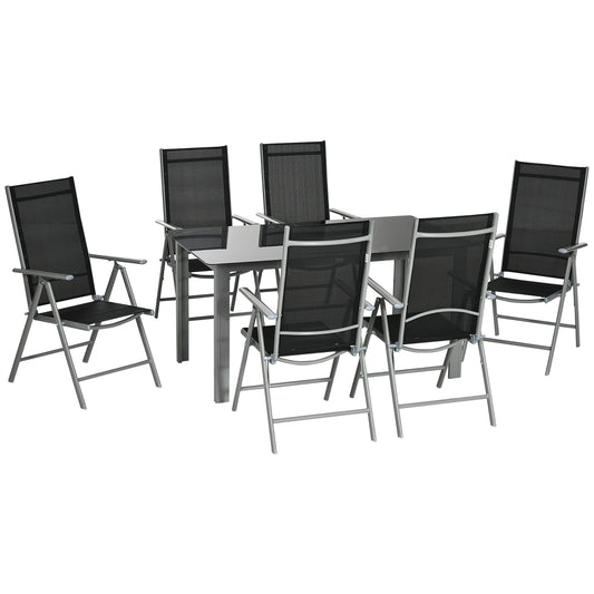 7 Piece Garden Dining Set, Outdoor Table and 6 Folding and Reclining Chairs, Aluminium Frame, Tempered Glass Top Table, Texteline Seats