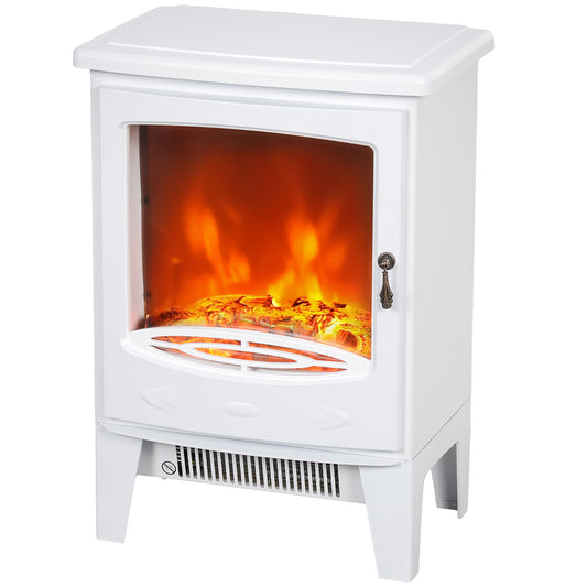 Electric Fireplace Stove, Freestanding Log Burner, 1000W/2000W, Portable Electric Fire Fan Heater with LED Flame Effect, Adjustable Thermostat, Glass, Overheat Protection， White