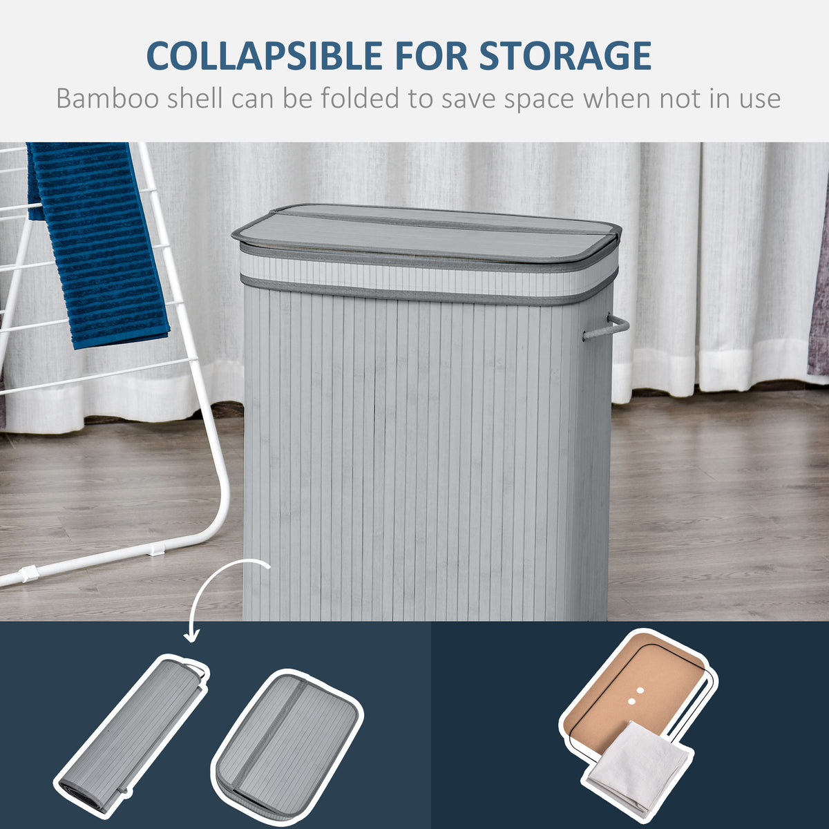 100L Natural Wood Laundry Basket A Compartment w/Flip Lid Removable Lining Handles Board Base Foldable Durable Water-Resistant Dirty Clothes Storage Home Organisation Grey