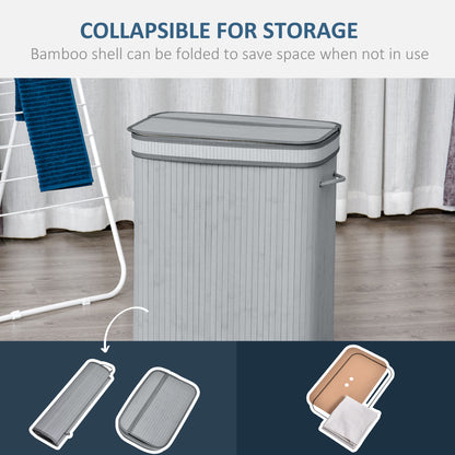 100L Natural Wood Laundry Basket A Compartment w/Flip Lid Removable Lining Handles Board Base Foldable Durable Water-Resistant Dirty Clothes Storage Home Organisation Grey