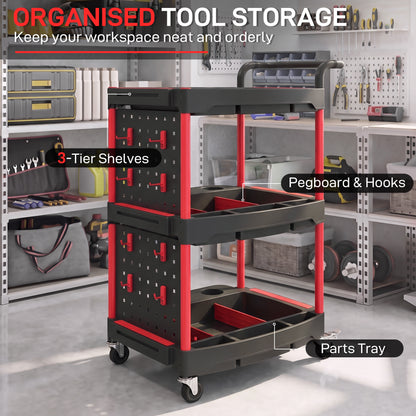 3-Tier Rolling Tool Cart with Pegboard and Hooks, Storage Trolley Wheel Cart with Brakes, Black & Red