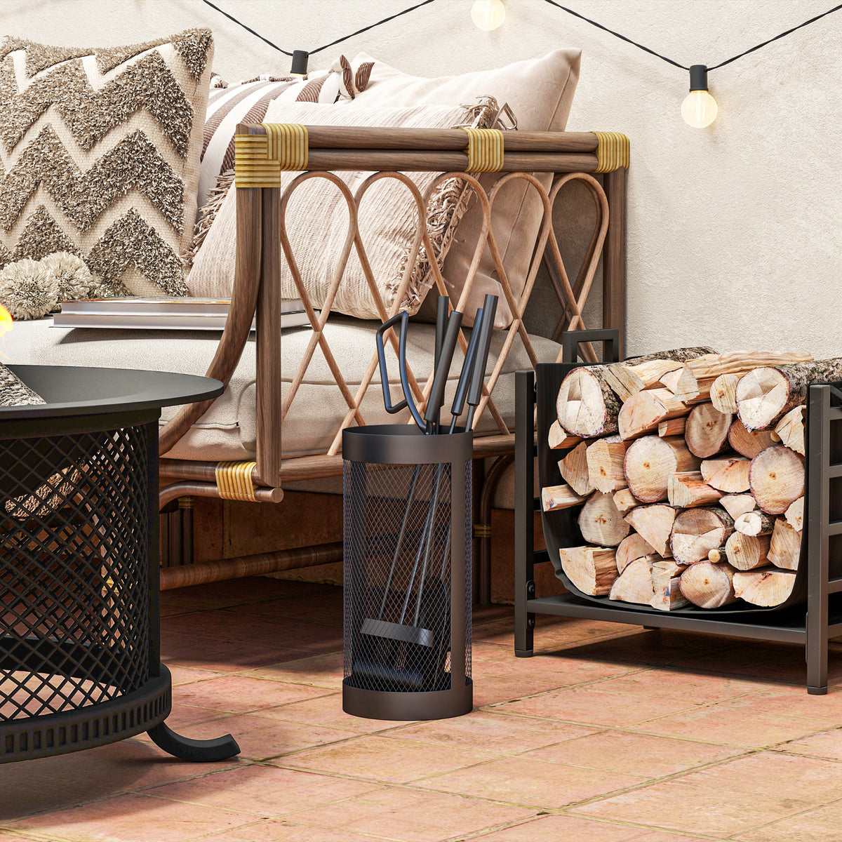 5-Piece Fireplace Tools Set with Mesh Basket, Indoor Outdoor Fireside Accessories for Fireplaces, Fire Pits, Black
