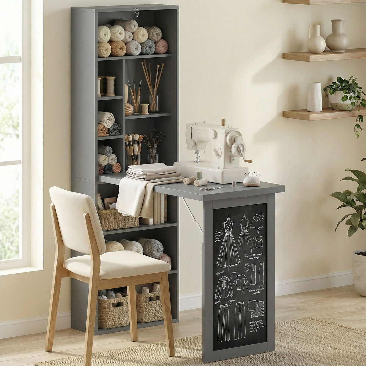 Folding Convertible Desk with Blackboard Multi-function Computer Office Workstation Side Shelf