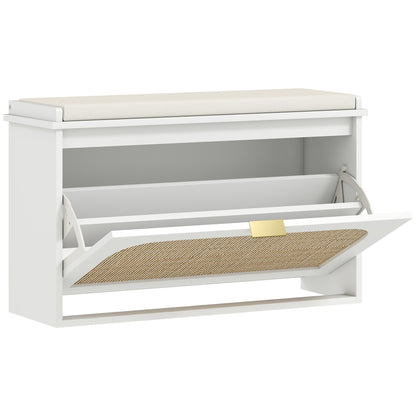 Boho Shoe Bench with Padded Seat and Flip-Drawer - White