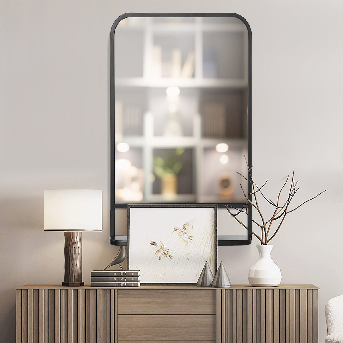 Modern Rectangular Wall Mirror with Storage Shelf, 86 x 53 Mirrors for Living Room, Bedroom, Black