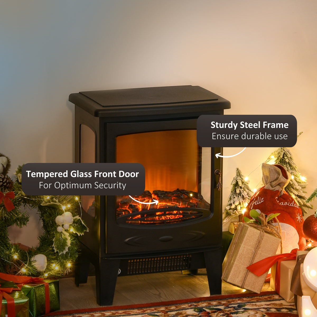 900W/1800W Freestanding Electric Fireplace Room Heater w/ Adjustable Artificial Flame 3-Sided Tempered Glass Panels Safe Home Warmth Retro Faux Fire