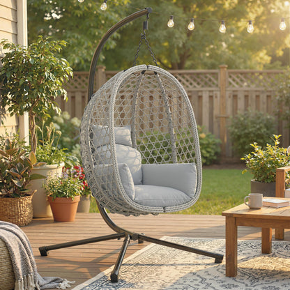 Hanging Egg Chair, Indoor Outdoor Rattan Hammock Swing Chair with Stand, Safety Strap, Foldable Basket