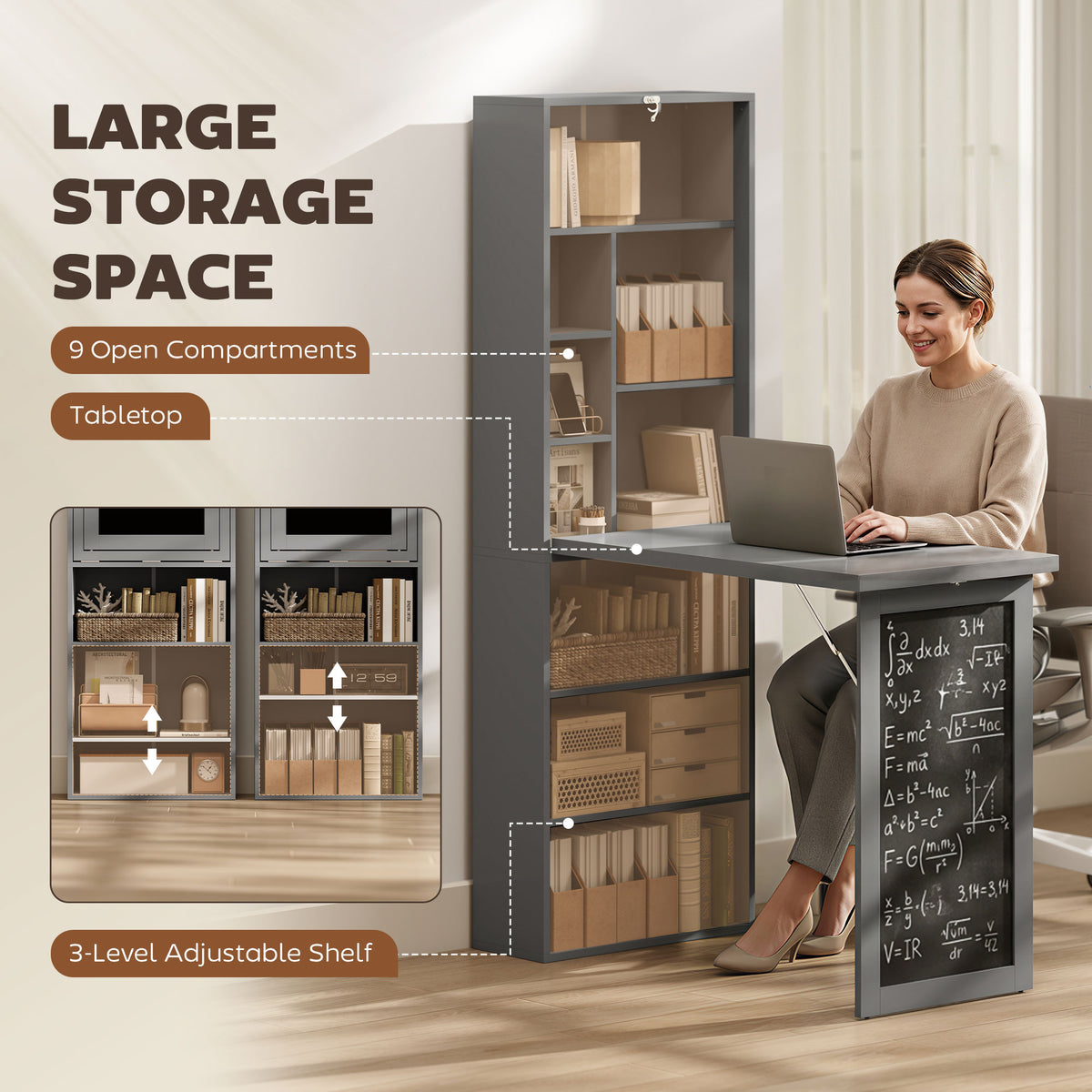 Folding Convertible Desk with Blackboard Multi-function Computer Office Workstation Side Shelf