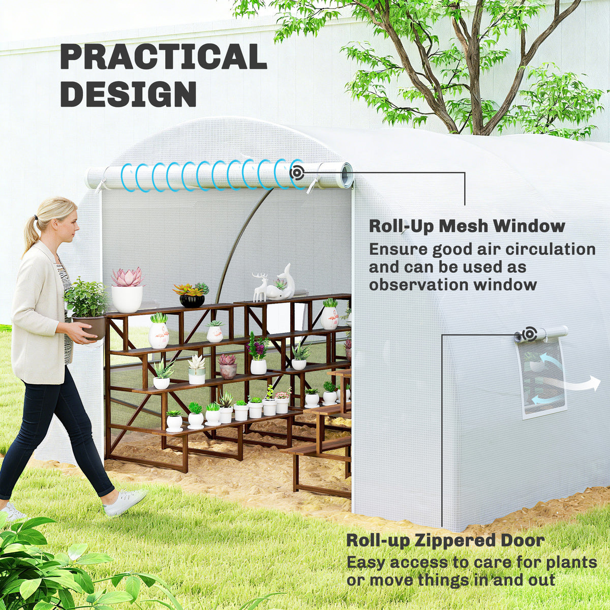 Poly Tunnel for Garden, Walk-in Polytunnel with Door and Roll Up Windows, 6 x 3 x 2 m, White