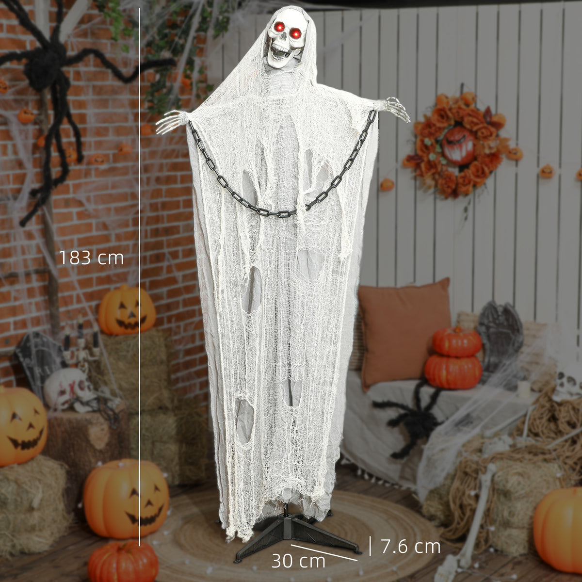 183 cm Life Size Halloween Animated Skeleton Grim Reaper with Glowing LED Eyes, Scary Halloween Decorations, Battery Operated, Indoor Party Props