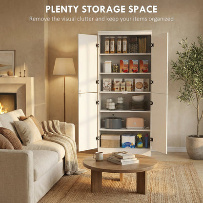 4-Door Tall Kitchen Cupboard, Freestanding 6-Tier Storage Cabinet with 2 Adjustable Shelves for Living Room, Dining Room, White