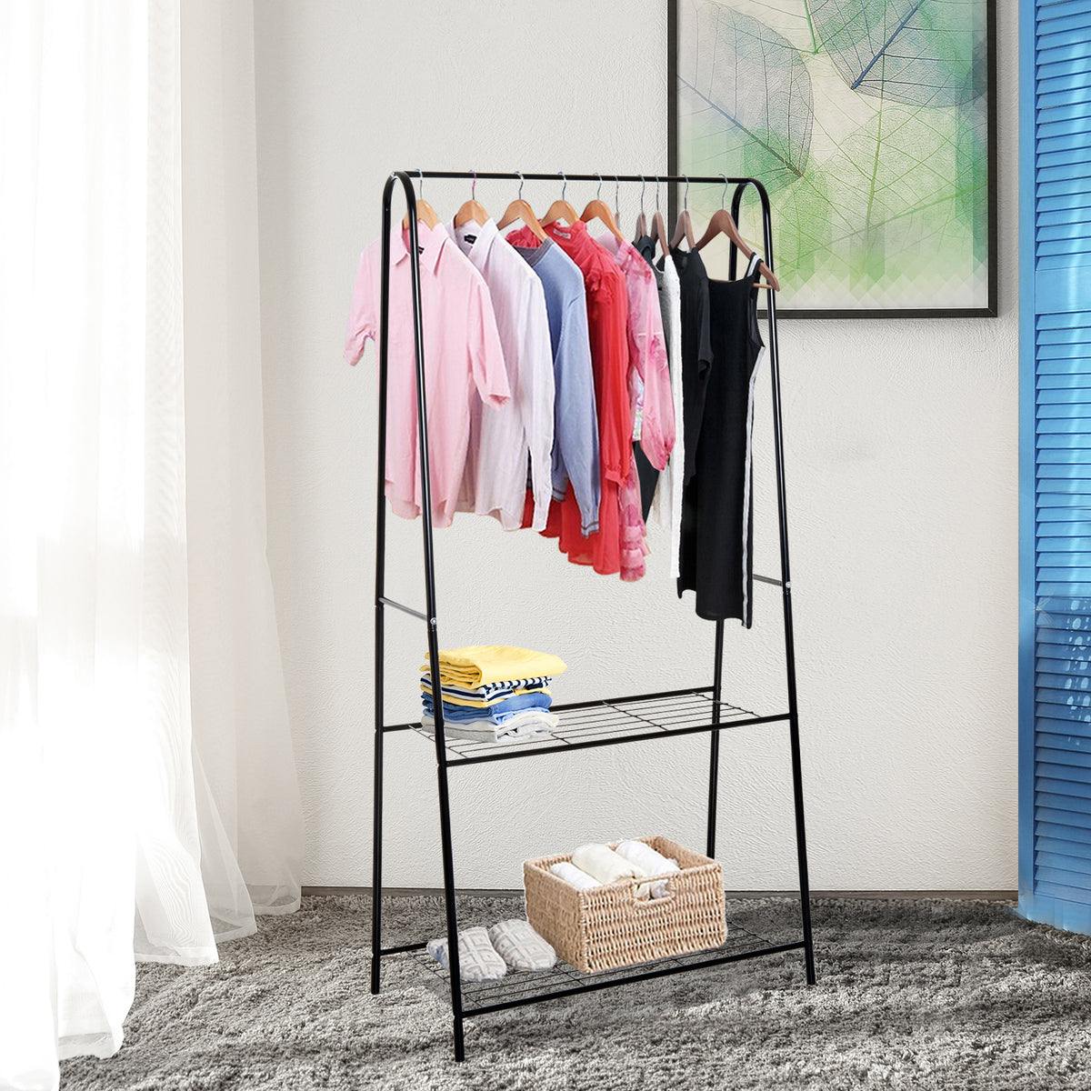 Metal Clothes Rack Coat Garment Hanger Hallway Organiser Hanging Rail Stand 2-tier Shoe Shelving A Shaped 77W x 45D x 153H cm Black