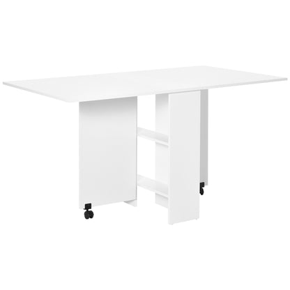 Folding Dining Table, Drop Leaf Table with 2-Tier Shelves, Rolling Casters, for Small Spaces, Kitchen, White