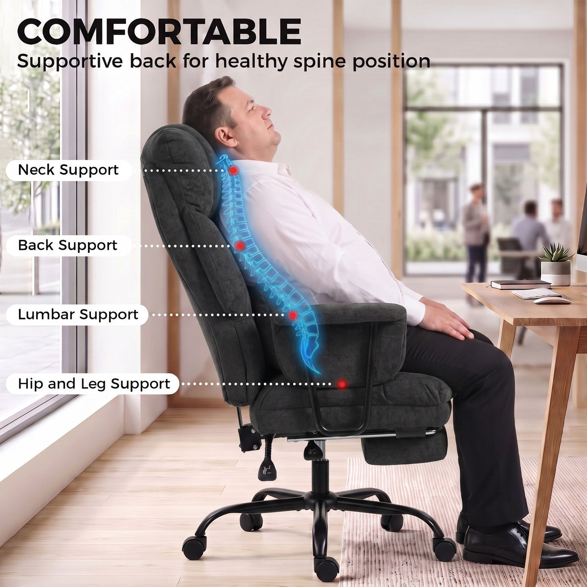 Office Chair, 180kg Heavy Duty Linen Computer Desk Chair with Lumbar Support, Wide Seat, Spring Cushion