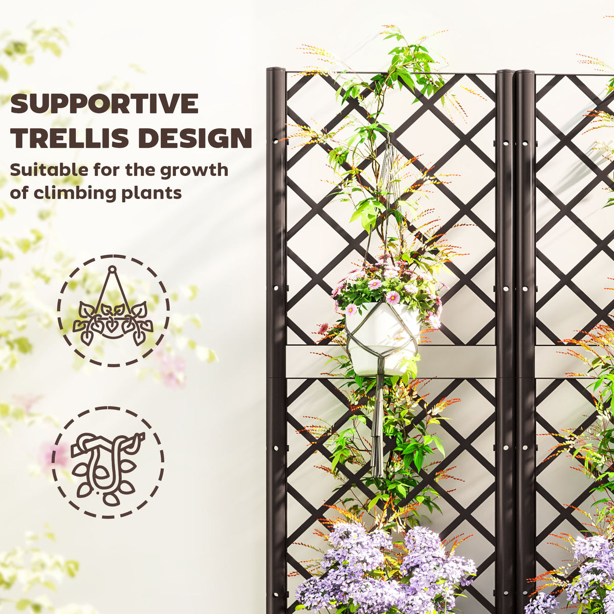 Raised Garden Bed with Trellis, Plastic Planter Box with Drainage Holes, Drain Plugs and Water Reservoirs for Climbing Plants, Vegetables, Flowers, Brown