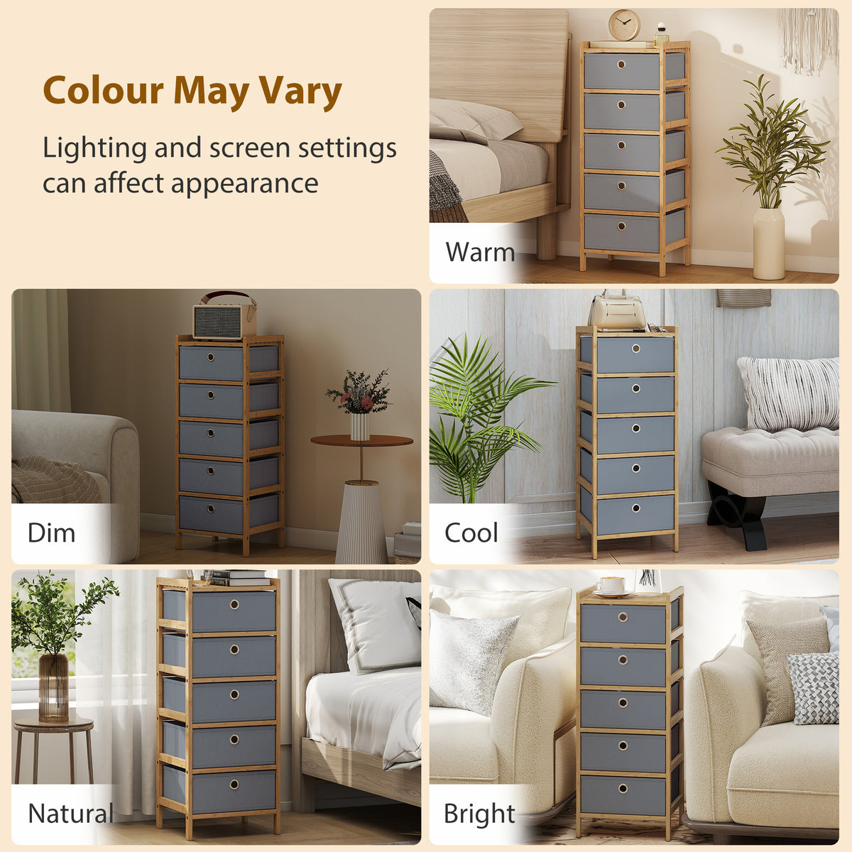 Chest of Drawers, 5 Fabric Drawers Narrow Dresser with Bamboo Frame, Light Grey