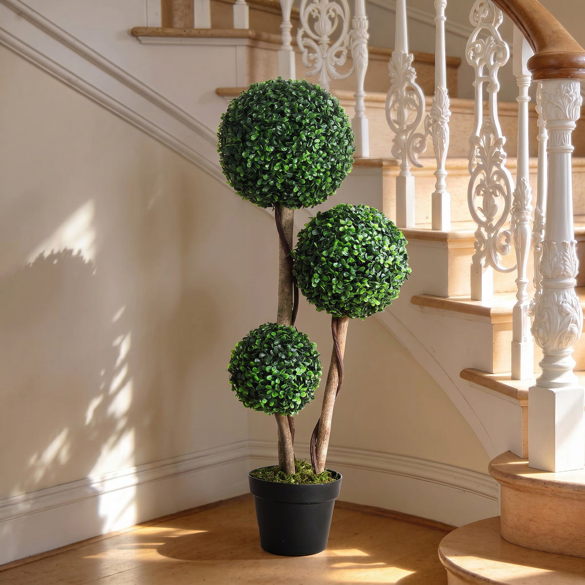 Decorative Artificial Trees Boxwood Ball Topiary Trees in Pot, UV-Cut Fake Plants for Home Indoor Outdoor Decor, 90 cm, Dark Green