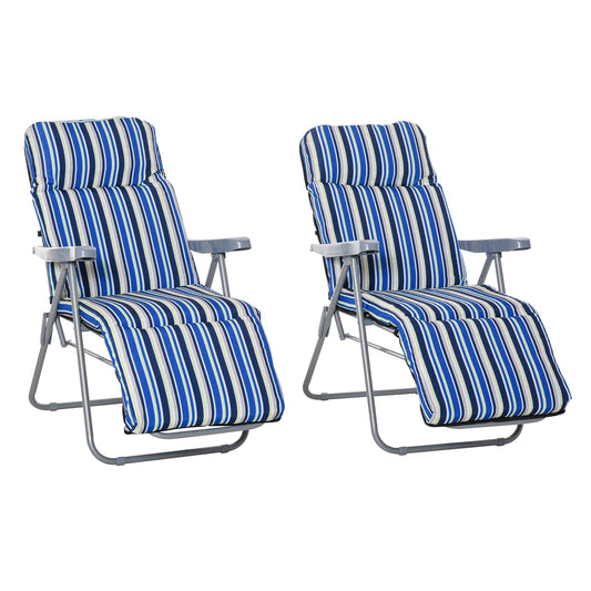 Reclining Garden Chair Set of 2, 5-Level Adjustable Zero Gravity Chairs with Cushions, Folding Sun Lounger Garden Recliner Chairs with Armrests for Outdoor, Patio, Blue Stripe