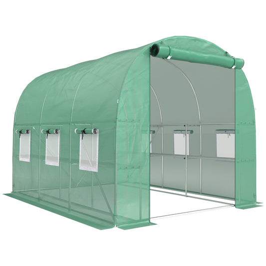 Walk-in Greenhouse with Shelves, Polytunnel Greenhouse with Roll-Up Door, 6 Mesh Windows, 198 x 275 x 191 cm, Green