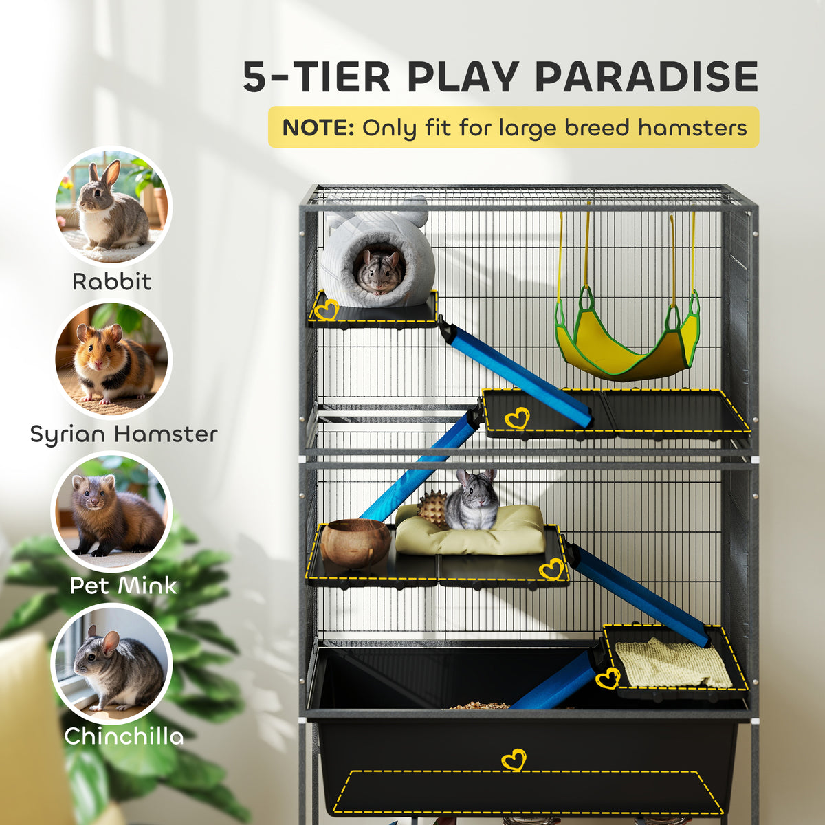 5 Levels Rolling Small Animal Cage with Non Slip Ramps, Slide Out 16cm Deep Tray, 88 x 48 x 150.5cm, Dark Grey