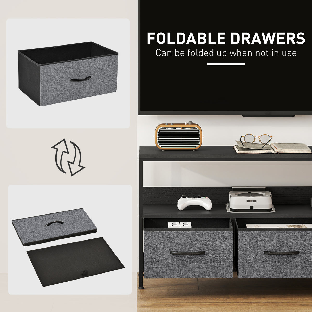 TV Stand Cabinet with 3 Foldable Drawers - Black