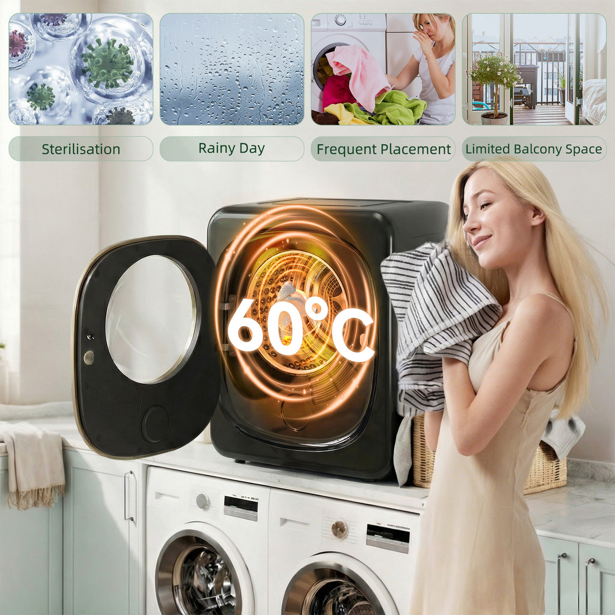 4kg Vented Tumble Dryer with 5 Drying Mode, 800W Compact Freestanding Front Tumble Dryer