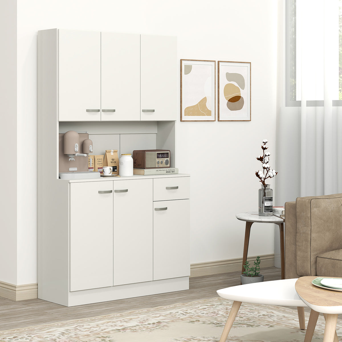 Freestanding Kitchen Pantry Storage Cabinet with Adjustable Shelves & Middle Worktop