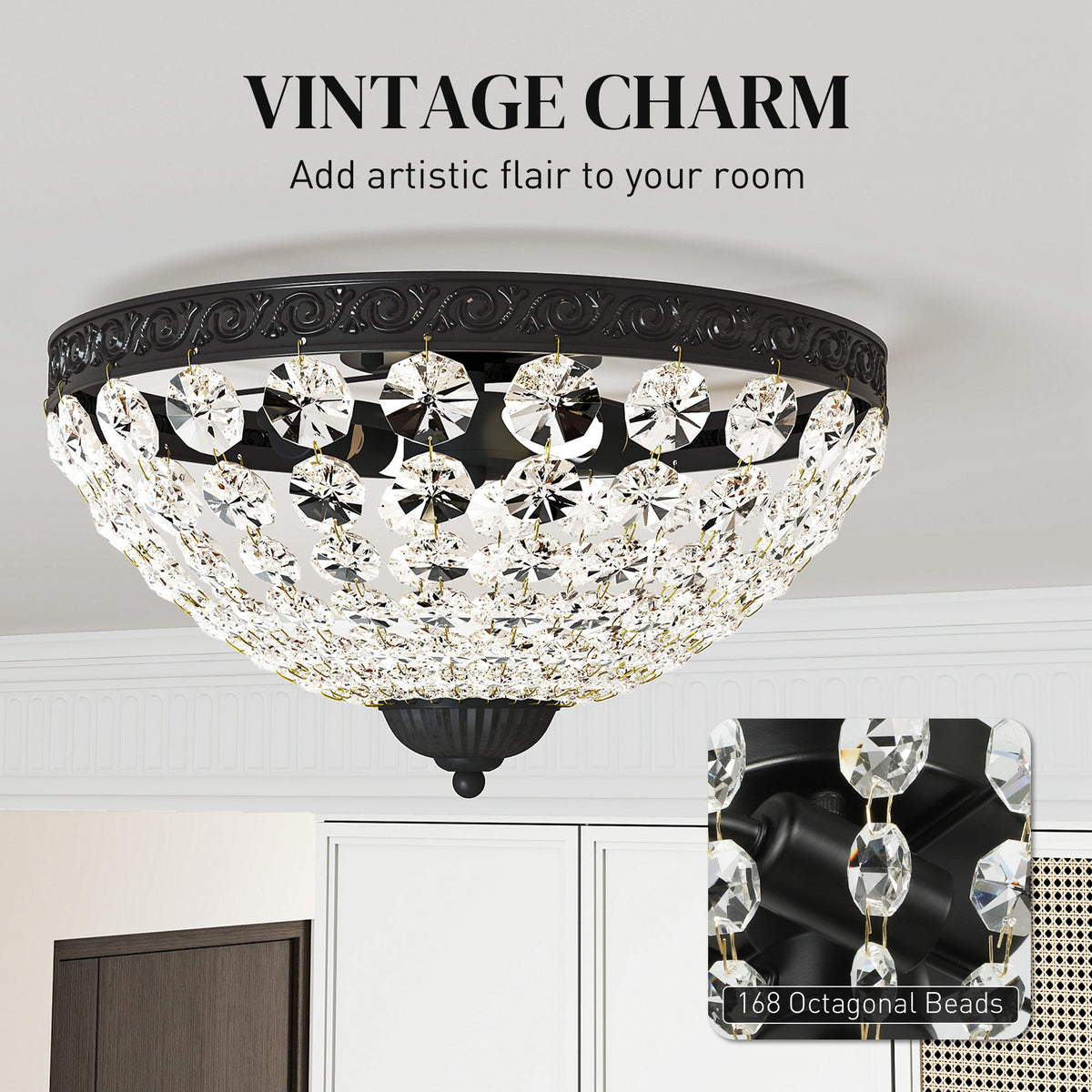 Crystal Chandelier Ceiling Light with 168 Octagonal Beads, Vintage 2-Light Flush Mount Ceiling Light for Living Room, Bedroom, Hallway, Dining Room