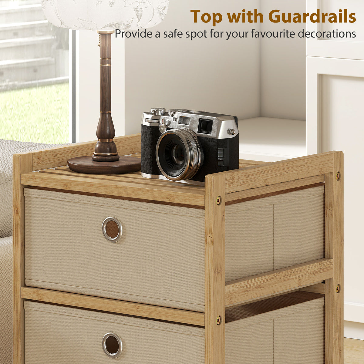 Chest of Drawers, 3 Fabric Drawers Narrow Dresser with Bamboo Frame, Cream White