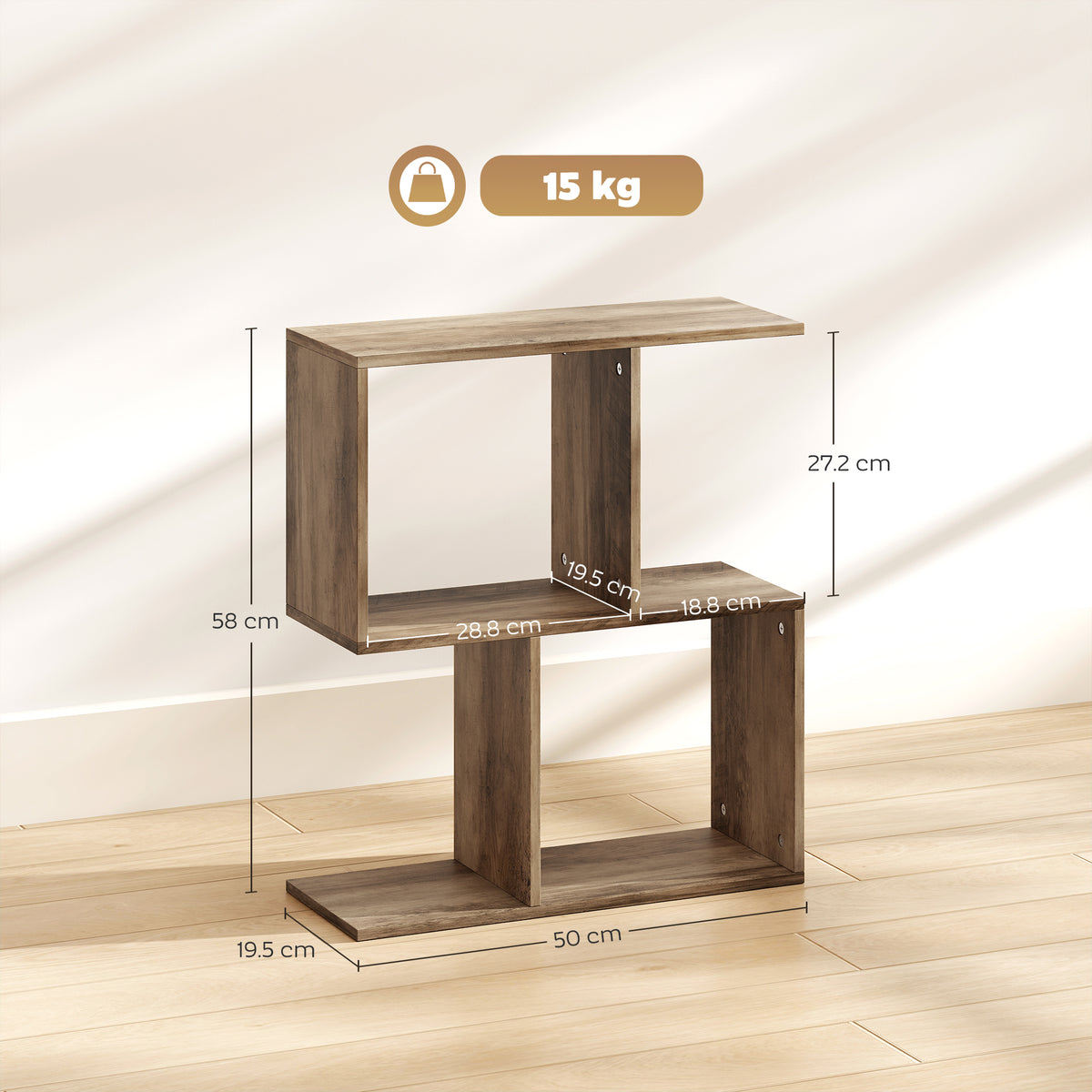Side Table, Narrow End Table with Storage Shelves, S-Shaped, 3-Tier, 50W x 19.5D x 58H cm