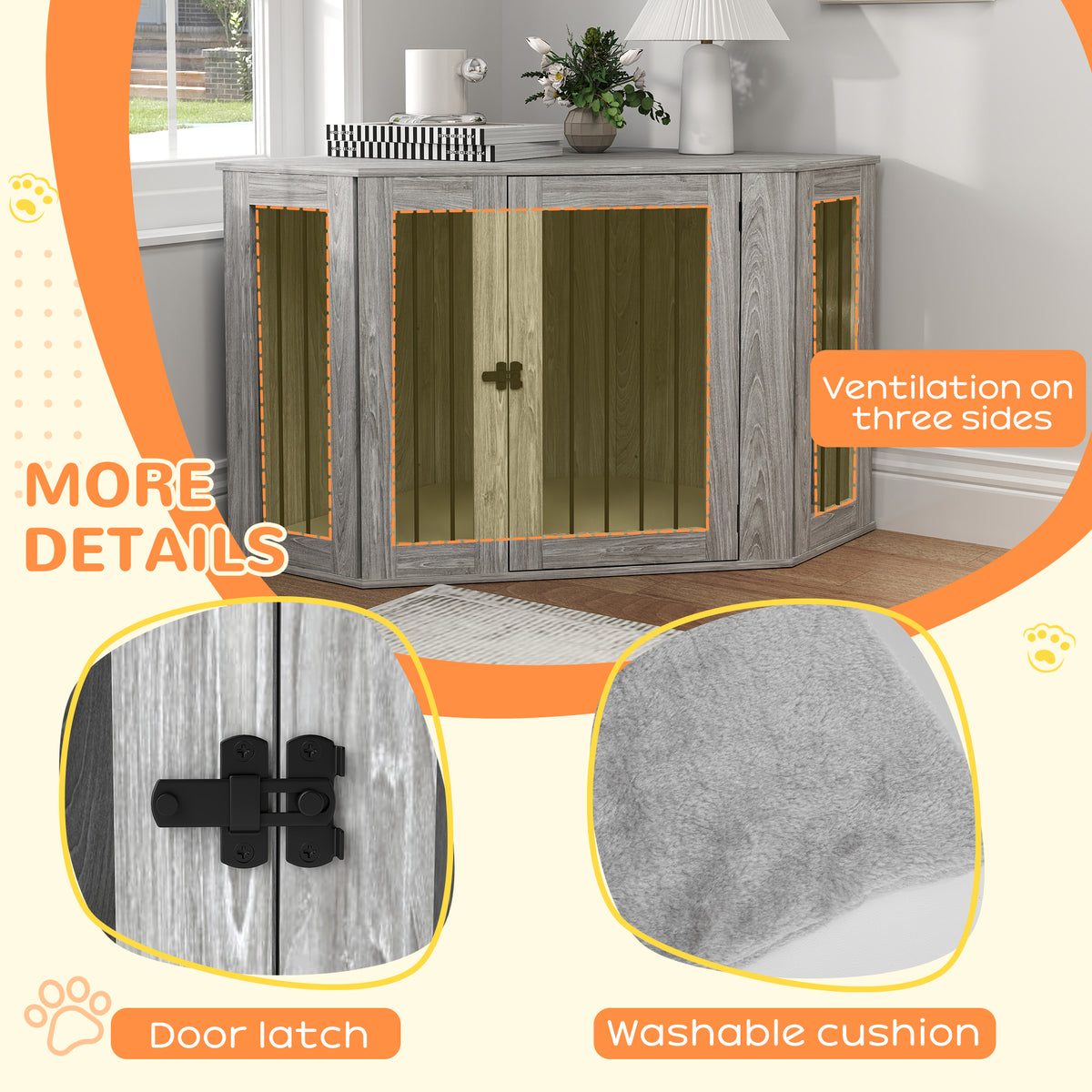 Dog Crate Furniture Side Table, with Cushion, 122 x 61 x 71cm - Grey