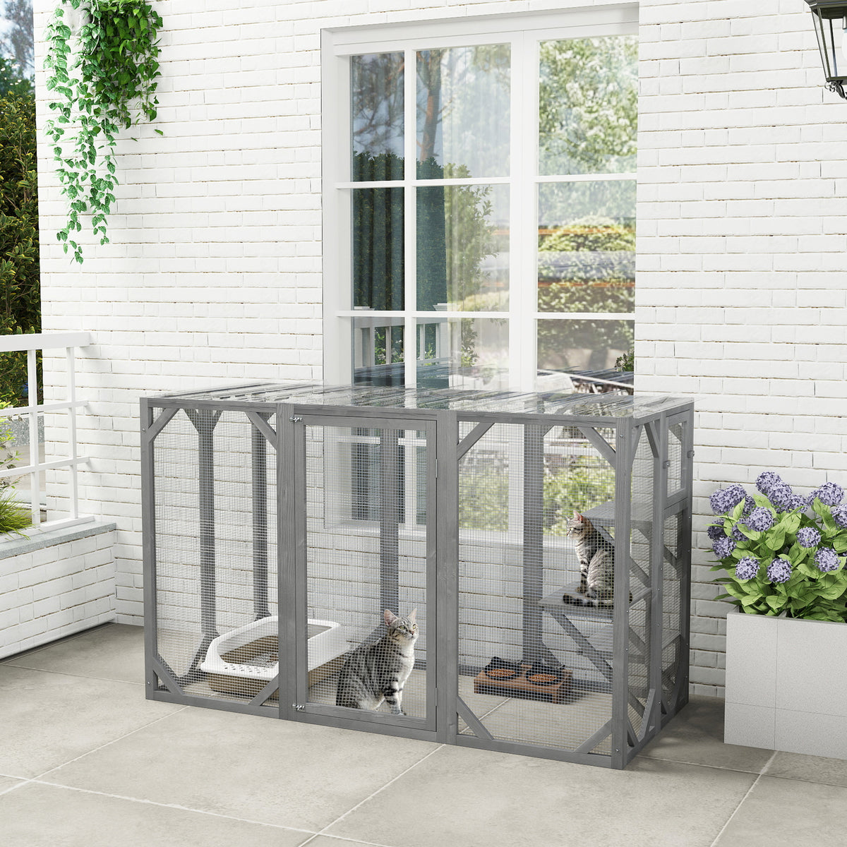 71" Outdoor Wooden Cat House with Three Platforms, Large Door, Water-Resistant Roof, for Multiple Cats, Grey