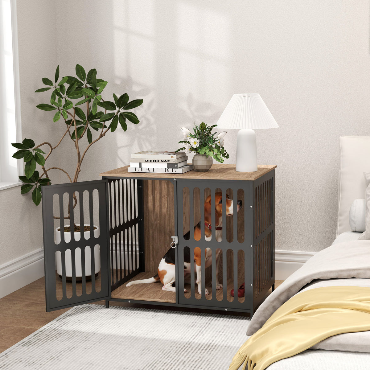 Dog Crate Furniture with Anti-Chew Resistant Mesh, Anti-Escape Single Door, for Medium Dogs, 80 x 55 x 72 cm