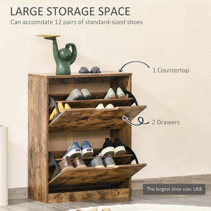 Industrial Shoe Cabinet with 2 Flip Drawers, Narrow Shoe Storage Cabinet for 12 Pairs, Freestanding Slim Shoe Storage Organiser for Entryway, Hallway, Rustic Brown