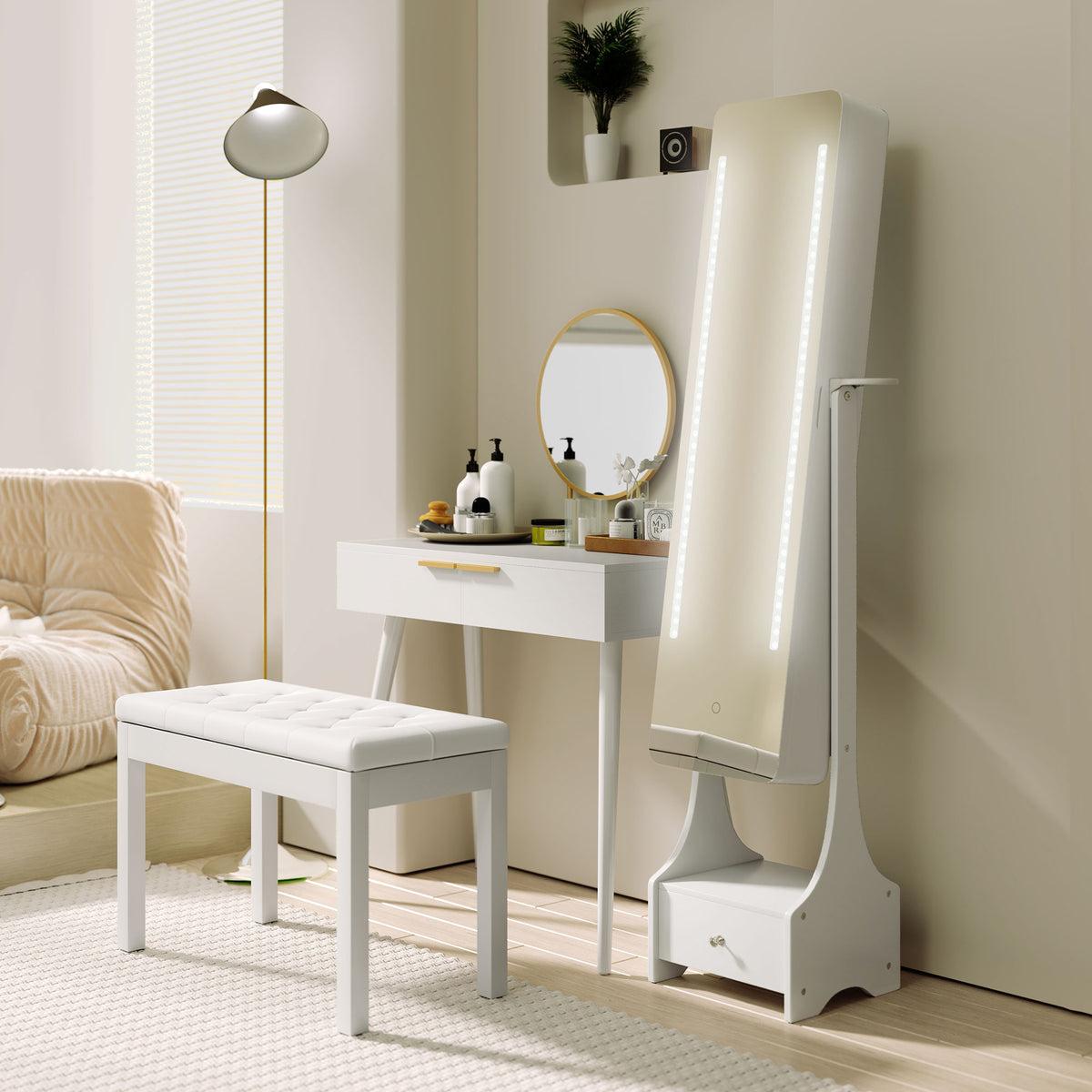 Dressing Table, with Round Mirror, 80 x 40 x 123 cm - White