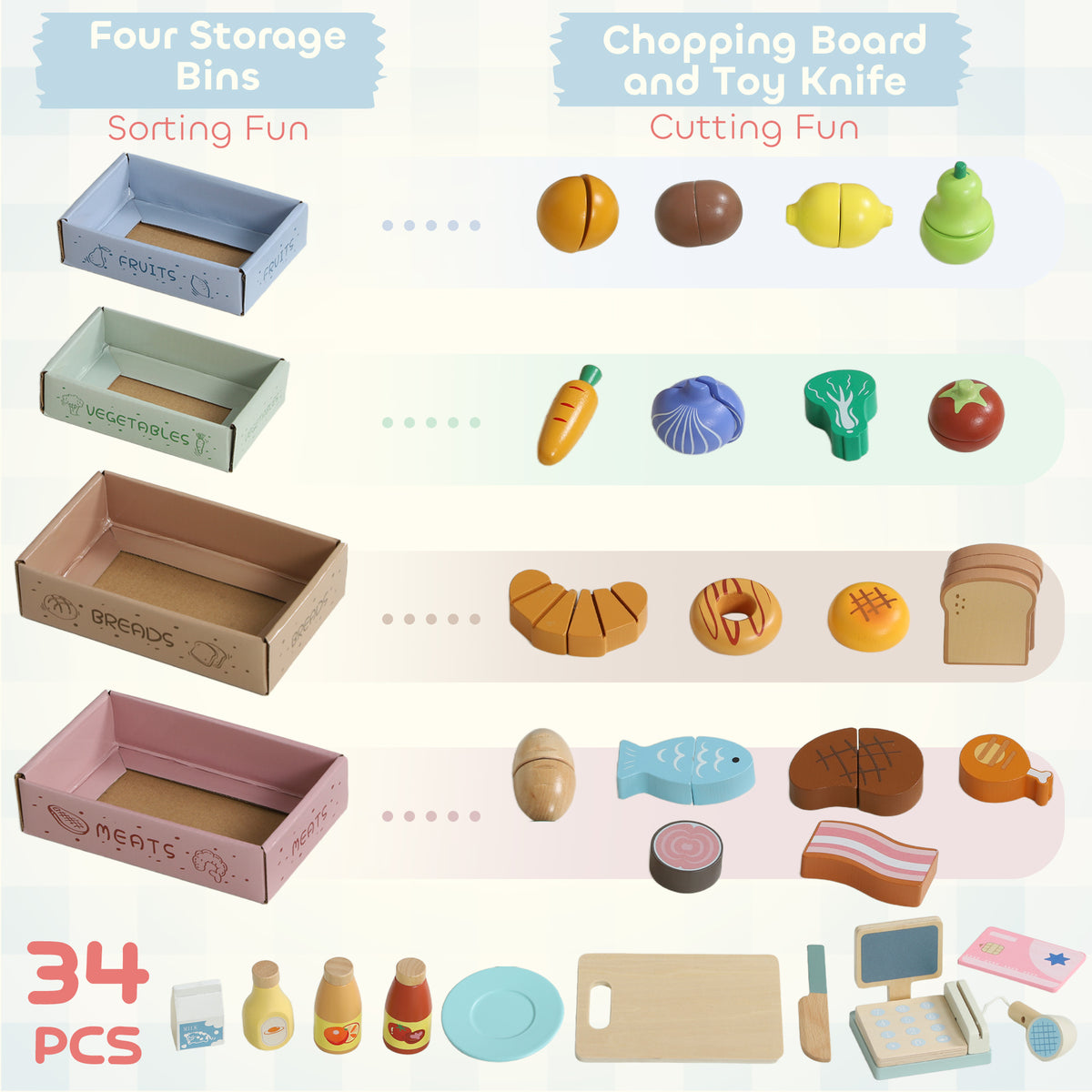 Wooden Toy Shop, Wooden Market Stall with Cash Register, Blackboard and Toy Food, 4 Storage Boxes, Ages 3+, Green