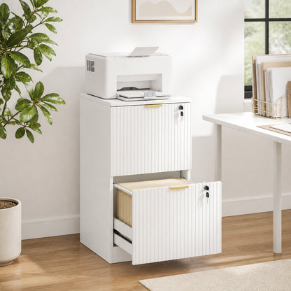 Filing Cabinet, Fluted Vertical File Cabinet with 2 Lockable Drawers and Hanging Rails, White