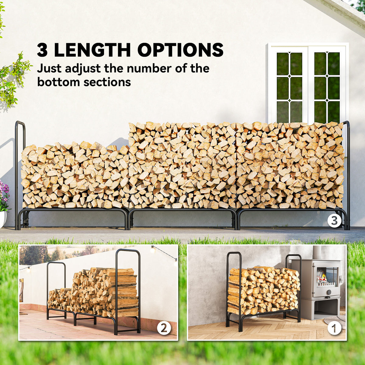Firewood Rack with Waterproof Cover, Heavy Duty Metal Log Store Indoors, Log Storage Holder for Outdoor Indoor Fireplace, 300 x 36 x 99 cm, Dark Green