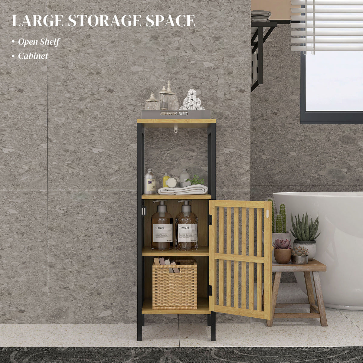 Bamboo-Blend Retro Cut-Out Bathroom Storage Unit