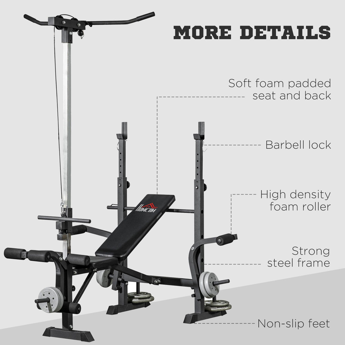 Adjustable Weight Bench with Pulley System, Incline Bench Press Set with Squat Rack, Leg Developer, Butterfly and Weight Storage, for Home Gym Full Body Workout