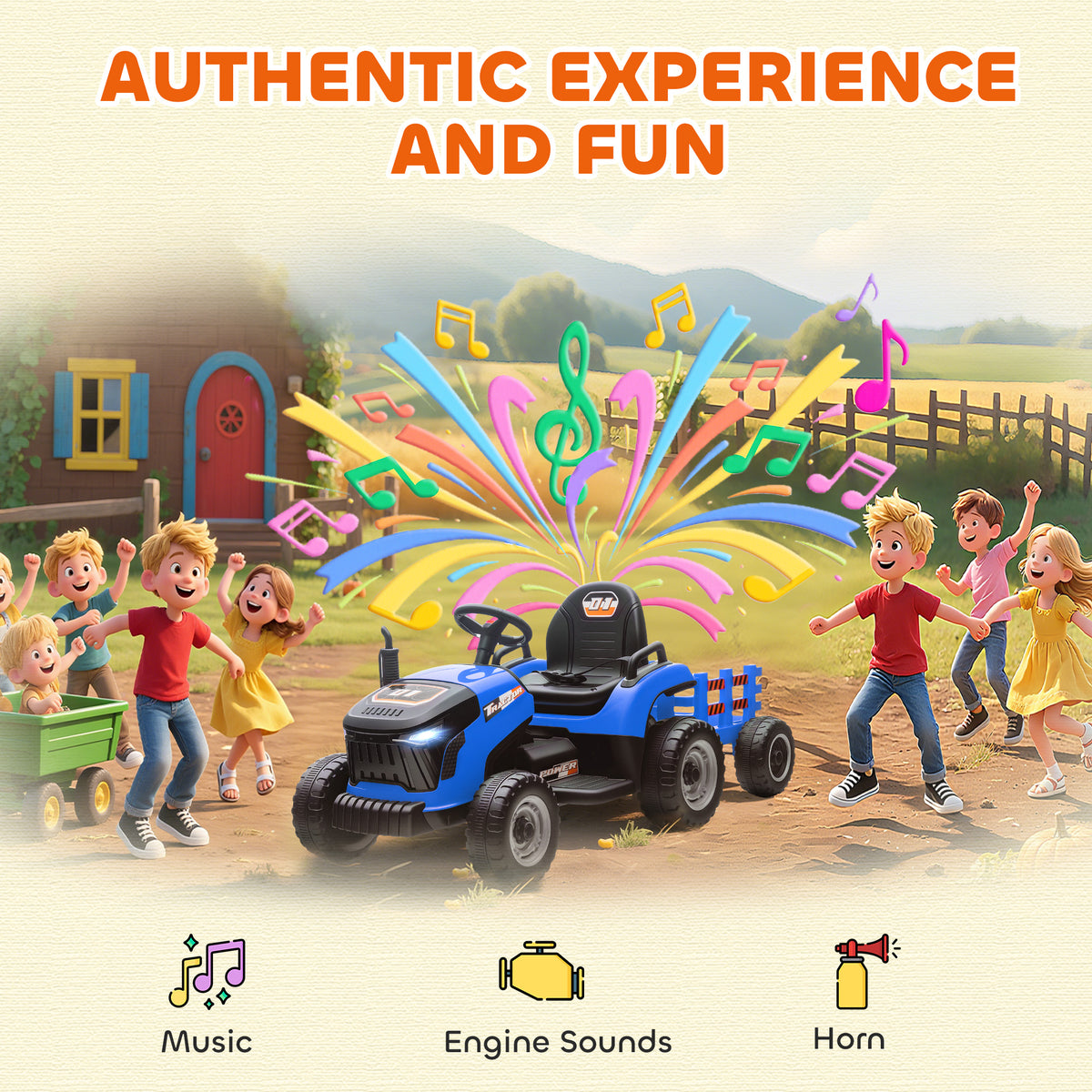 12V Ride on Tractor and Trailer with Remote Control, Music, Shifter, Start-Up Sound, for Kids Ages 3-8 Years