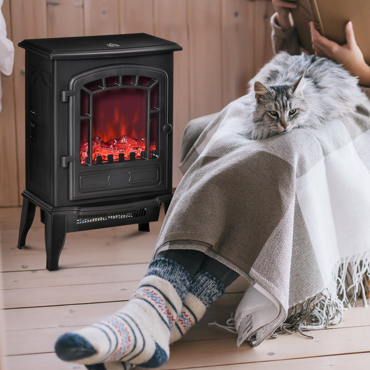 Electric Fireplace Stove Freestanding Log Burner, 1000W/2000W, Portable Electric Fire Fan Heater with LED Flame Effect, Adjustable Thermostat, Overheat Protection