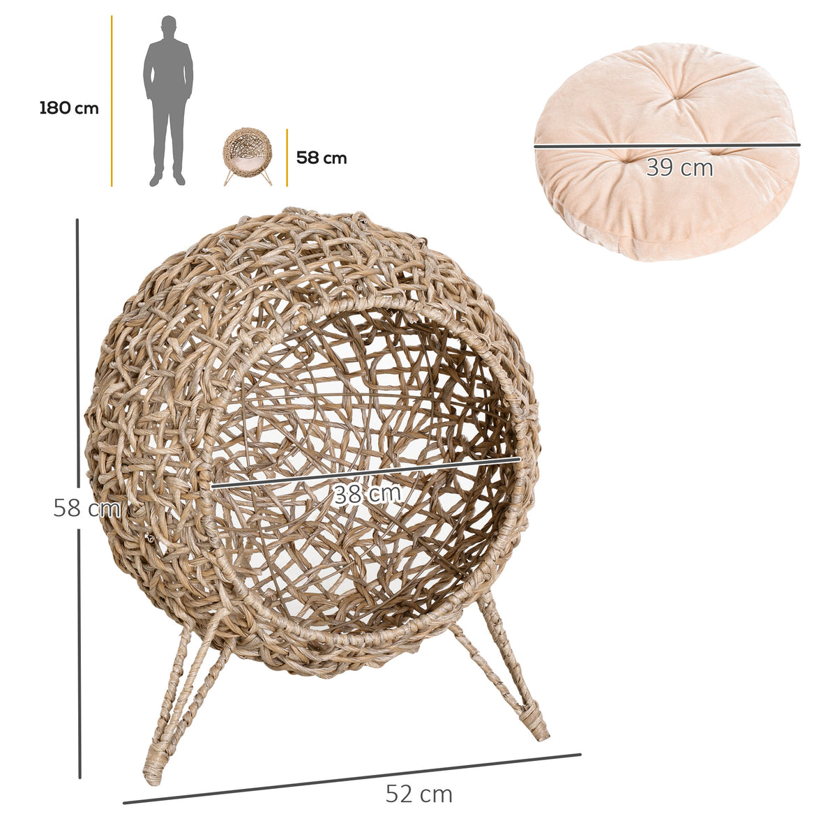 Rattan Elevated Cat Bed House Kitten Basket Ball-Shaped Pet Furniture w/ Removable Cushion